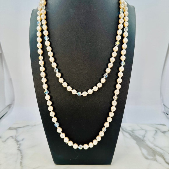 Vintage Glass Pearl Necklace Aurora Borealis Faceted Crystals Knotted Opera 52” - Picture 7 of 11